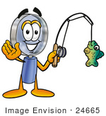 #24665 Clip Art Graphic Of A Blue Handled Magnifying Glass Cartoon Character Holding A Fish On A Fishing Pole