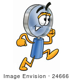 #24666 Clip Art Graphic Of A Blue Handled Magnifying Glass Cartoon Character Running