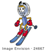 #24667 Clip Art Graphic Of A Blue Handled Magnifying Glass Cartoon Character Skiing Downhill