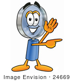 #24669 Clip Art Graphic Of A Blue Handled Magnifying Glass Cartoon Character Waving And Pointing