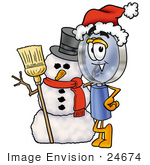 #24674 Clip Art Graphic Of A Blue Handled Magnifying Glass Cartoon Character With A Snowman On Christmas