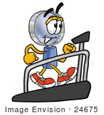 #24675 Clip Art Graphic Of A Blue Handled Magnifying Glass Cartoon Character Walking On A Treadmill In A Fitness Gym