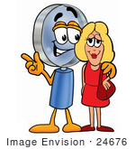 #24676 Clip Art Graphic Of A Blue Handled Magnifying Glass Cartoon Character Talking To A Pretty Blond Woman