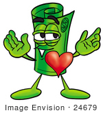 #24679 Clip Art Graphic Of A Rolled Greenback Dollar Bill Banknote Cartoon Character With His Heart Beating Out Of His Chest