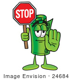 #24684 Clip Art Graphic Of A Rolled Greenback Dollar Bill Banknote Cartoon Character Holding A Stop Sign