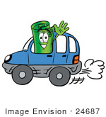 #24687 Clip Art Graphic Of A Rolled Greenback Dollar Bill Banknote Cartoon Character Driving A Blue Car And Waving
