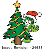 #24688 Clip Art Graphic Of A Rolled Greenback Dollar Bill Banknote Cartoon Character Waving And Standing By A Decorated Christmas Tree