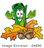 #24690 Clip Art Graphic Of A Rolled Greenback Dollar Bill Banknote Cartoon Character With Autumn Leaves And Acorns In The Fall