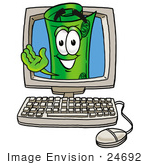 #24692 Clip Art Graphic Of A Rolled Greenback Dollar Bill Banknote Cartoon Character Waving From Inside A Computer Screen