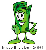 #24694 Clip Art Graphic Of A Rolled Greenback Dollar Bill Banknote Cartoon Character Pointing At The Viewer
