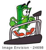 #24698 Clip Art Graphic Of A Rolled Greenback Dollar Bill Banknote Cartoon Character Walking On A Treadmill In A Fitness Gym