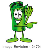 #24701 Clip Art Graphic Of A Rolled Greenback Dollar Bill Banknote Cartoon Character Waving And Pointing