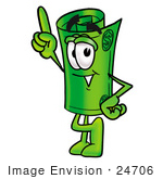 #24706 Clip Art Graphic Of A Rolled Greenback Dollar Bill Banknote Cartoon Character Pointing Upwards
