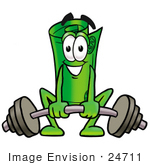 #24711 Clip Art Graphic Of A Rolled Greenback Dollar Bill Banknote Cartoon Character Lifting A Heavy Barbell
