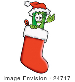 #24717 Clip Art Graphic Of A Rolled Greenback Dollar Bill Banknote Cartoon Character Wearing A Santa Hat Inside A Red Christmas Stocking