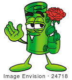 #24718 Clip Art Graphic Of A Rolled Greenback Dollar Bill Banknote Cartoon Character Holding A Red Rose On Valentines Day