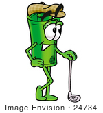 #24734 Clip Art Graphic Of A Rolled Greenback Dollar Bill Banknote Cartoon Character Leaning On A Golf Club While Golfing