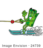 #24739 Clip Art Graphic Of A Rolled Greenback Dollar Bill Banknote Cartoon Character Waving While Water Skiing