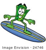 #24746 Clip Art Graphic Of A Rolled Greenback Dollar Bill Banknote Cartoon Character Surfing On A Blue And Yellow Surfboard