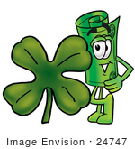 #24747 Clip Art Graphic Of A Rolled Greenback Dollar Bill Banknote Cartoon Character With A Green Four Leaf Clover On St Paddy’S Or St Patricks Day