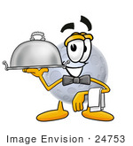#24753 Clip Art Graphic Of A Full Moon Cartoon Character Dressed As A Waiter And Holding A Serving Platter