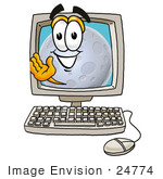 #24774 Clip Art Graphic Of A Full Moon Cartoon Character Waving From Inside A Computer Screen