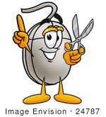 #24787 Clip Art Graphic Of A Wired Computer Mouse Cartoon Character Holding A Pair Of Scissors