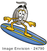 #24790 Clip Art Graphic Of A Wired Computer Mouse Cartoon Character Surfing On A Blue And Yellow Surfboard
