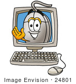 #24801 Clip Art Graphic Of A Wired Computer Mouse Cartoon Character Waving From Inside A Computer Screen