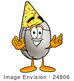 #24806 Clip Art Graphic Of A Wired Computer Mouse Cartoon Character Wearing A Birthday Party Hat