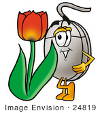 #24819 Clip Art Graphic Of A Wired Computer Mouse Cartoon Character With A Red Tulip Flower In The Spring
