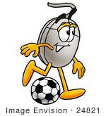 #24821 Clip Art Graphic Of A Wired Computer Mouse Cartoon Character Kicking A Soccer Ball