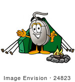#24823 Clip Art Graphic Of A Wired Computer Mouse Cartoon Character Camping With A Tent And Fire