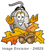 #24829 Clip Art Graphic Of A Wired Computer Mouse Cartoon Character With Autumn Leaves And Acorns In The Fall
