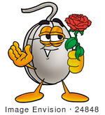 #24848 Clip Art Graphic Of A Wired Computer Mouse Cartoon Character Holding A Red Rose On Valentines Day