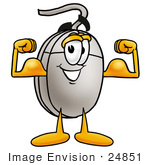 #24851 Clip Art Graphic Of A Wired Computer Mouse Cartoon Character Flexing His Arm Muscles