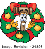 #24856 Clip Art Graphic Of A Wooden Mallet Cartoon Character In The Center Of A Christmas Wreath