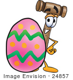 #24857 Clip Art Graphic Of A Wooden Mallet Cartoon Character Standing Beside An Easter Egg