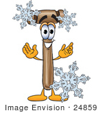 #24859 Clip Art Graphic Of A Wooden Mallet Cartoon Character With Three Snowflakes In Winter