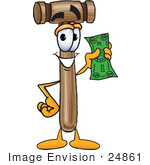 #24861 Clip Art Graphic Of A Wooden Mallet Cartoon Character Holding A Dollar Bill