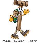 #24872 Clip Art Graphic Of A Wooden Mallet Cartoon Character Hiking And Carrying A Backpack