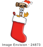 #24873 Clip Art Graphic Of A Wooden Mallet Cartoon Character Wearing A Santa Hat Inside A Red Christmas Stocking