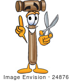 #24876 Clip Art Graphic Of A Wooden Mallet Cartoon Character Holding A Pair Of Scissors
