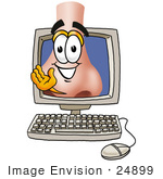 #24899 Clip Art Graphic Of A Human Nose Cartoon Character Waving From Inside A Computer Screen