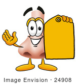 #24908 Clip Art Graphic Of A Human Nose Cartoon Character Holding A Yellow Sales Price Tag