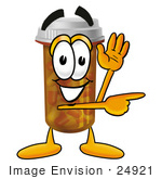 #24921 Clip Art Graphic Of A Medication Prescription Pill Bottle Cartoon Character Waving And Pointing