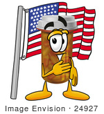 #24927 Clip Art Graphic Of A Medication Prescription Pill Bottle Cartoon Character Pledging Allegiance To An American Flag