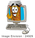 #24929 Clip Art Graphic Of A Medication Prescription Pill Bottle Cartoon Character Waving From Inside A Computer Screen