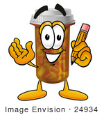 #24934 Clip Art Graphic Of A Medication Prescription Pill Bottle Cartoon Character Holding A Pencil