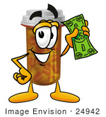 #24942 Clip Art Graphic Of A Medication Prescription Pill Bottle Cartoon Character Holding A Dollar Bill